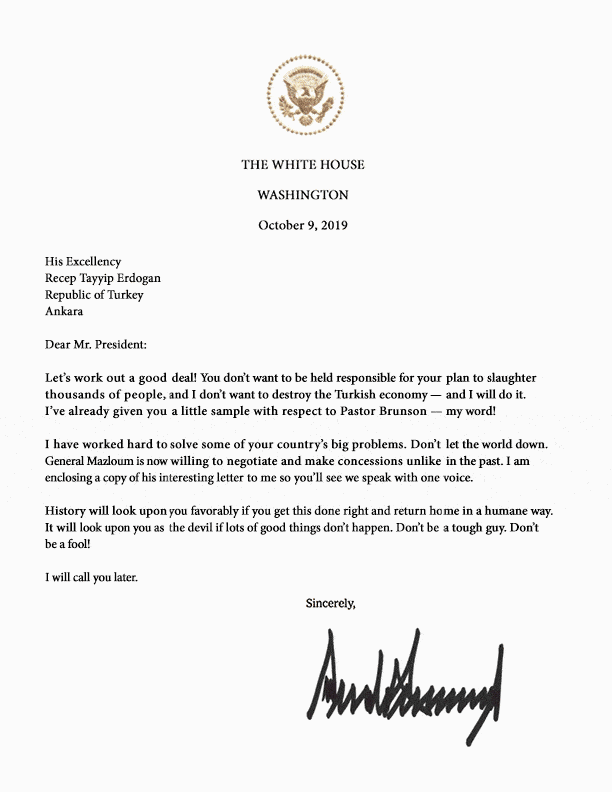 Letter from Pres. Trump to Turkish Pres. Erdogan